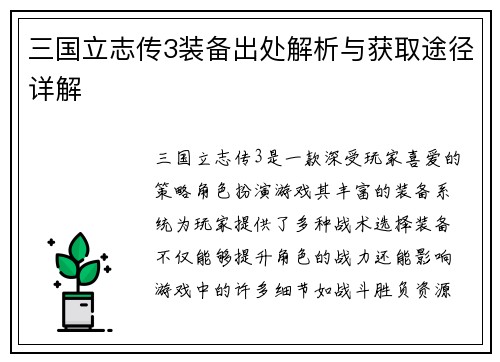 三国立志传3装备出处解析与获取途径详解